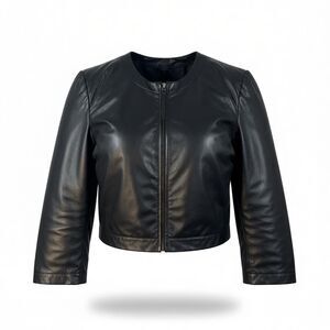 Cache’ Leather Jacket Ruched Detail Black Cropped Size S 90’s Y2K